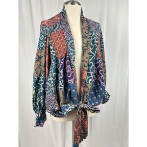 Mahila Kimono Wrap Top Patchwork Pattern Balloon Sleeve Tie Front Boho One Size